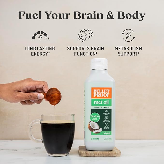 Bulletproof MCT Oil Made with C10 and C8 Oil, 32 Ounces, Keto Supplement for Sustained Energy, Brain and Body Fuel, Add to Coffee and Smoothies