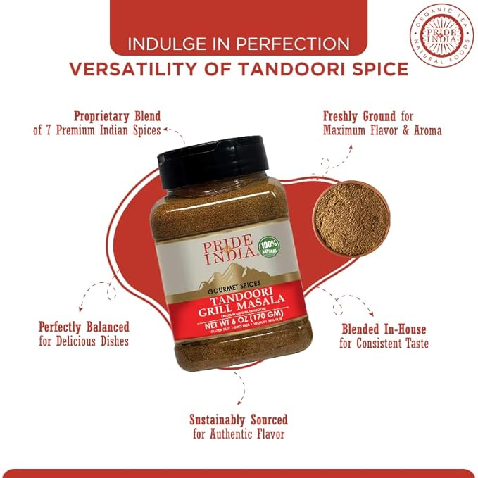 Pride of India - PACK of 6 - Tandoori Grill Masala 6 oz (170 gm) Medium Dual Sifter Bottle |Blend of Exotic & Gourmet Spices |For Vegetable, Meat & Chicken Cooking |Non-Bioengineered | Easy to Use