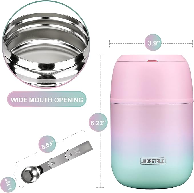 17 oz Insulated Lunch Containers Hot Food Jar, Wide Mouth Lunch Thermo for Kids Adults, Vacuum Stainless Steel Lunch Box With Handle Folding Spoon for School, Office (Blue-Pink)