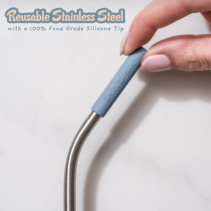Premium Reusable Stainless Steel Drinking Straws With Silicone Tips + Patented Straw Cleaners and Carrying Case - 9” Long Metal With Curved Bend for 20/30/32oz Tumblers - Natural Colors