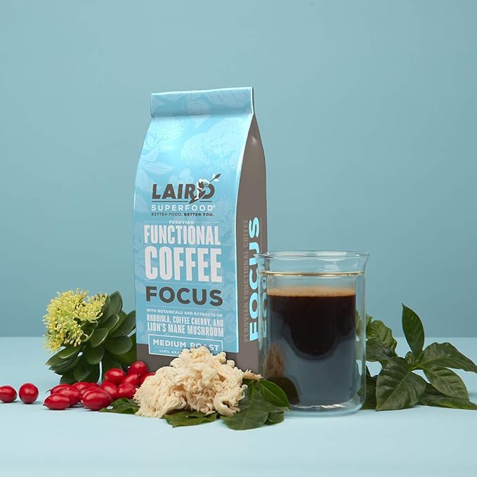 Laird Superfood Focus Coffee, Medium Roast Ground Coffee Infused with Functional Mushrooms and Botanical Adaptogens, 12 oz. Bag (Pack of 2)