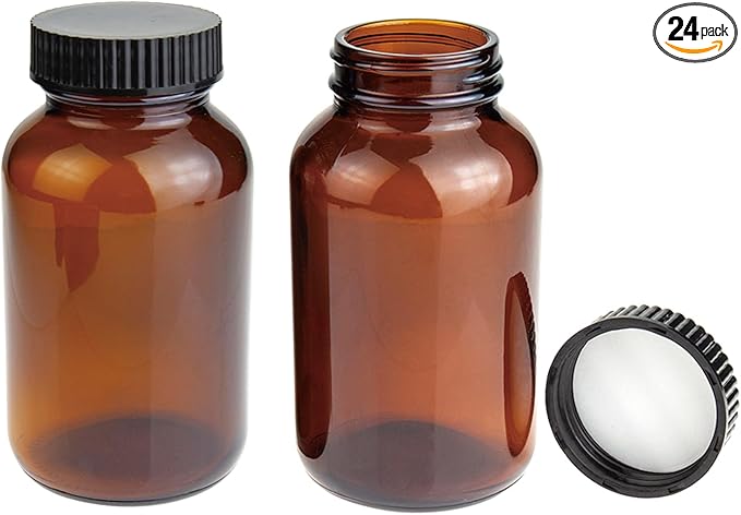 Wide Mouth Packer Bottle, Amber Glass, 250 ML (8.3 OZ) Capacity with 45-400 Black Polyethylene Screw Cap Lined PE Septa, Package of 24 Units