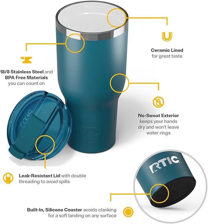 RTIC 40oz Essential Tumbler with Lid, Insulated, Stainless Steel, Metal, Double Wall Vacuum-Insulation, Ceramic Lined, Travel Cup for Iced Coffee, Tea, Hot and Cold Drink, Marine