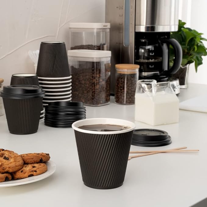 Restaurantware 8 Ounce Disposable Cups Pack of 25 Double Wall Hot Cups–Lids Sold Separately, Designed with a Rippled Wall and Black Paper Insulation, Ideal for Coffee, Hot Chocolate, and Tea