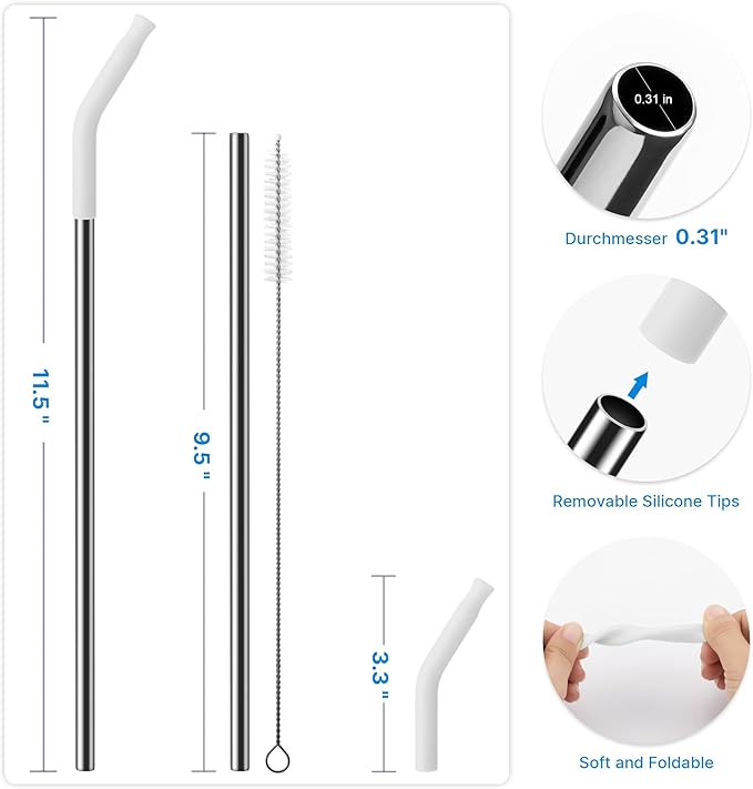 Repeatable Metal Straw with Silicone Tips for 30 oz Stanley Tumbler, 2 Pcs 30 oz Stainless Steel Straws Replacement for Stanley Tumbler, 1 Straw Brush, BPA Free（White）