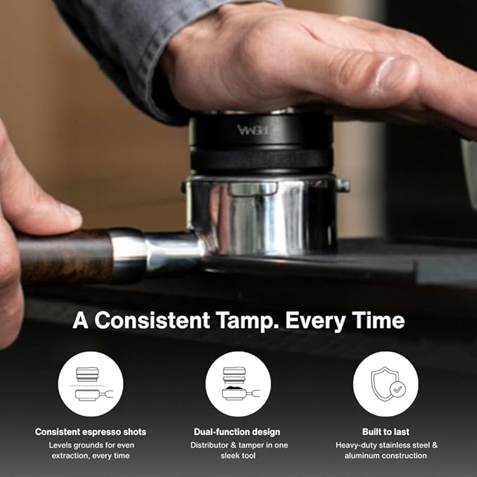 Crema Coffee Products 54mm Hand Tamper & Coffee Distributor | Compatible with 53.3mm Breville Portafilters | Double-Sided,Adjustable Depth Tool | Made with Durable 304 Stainless Steel | Silver