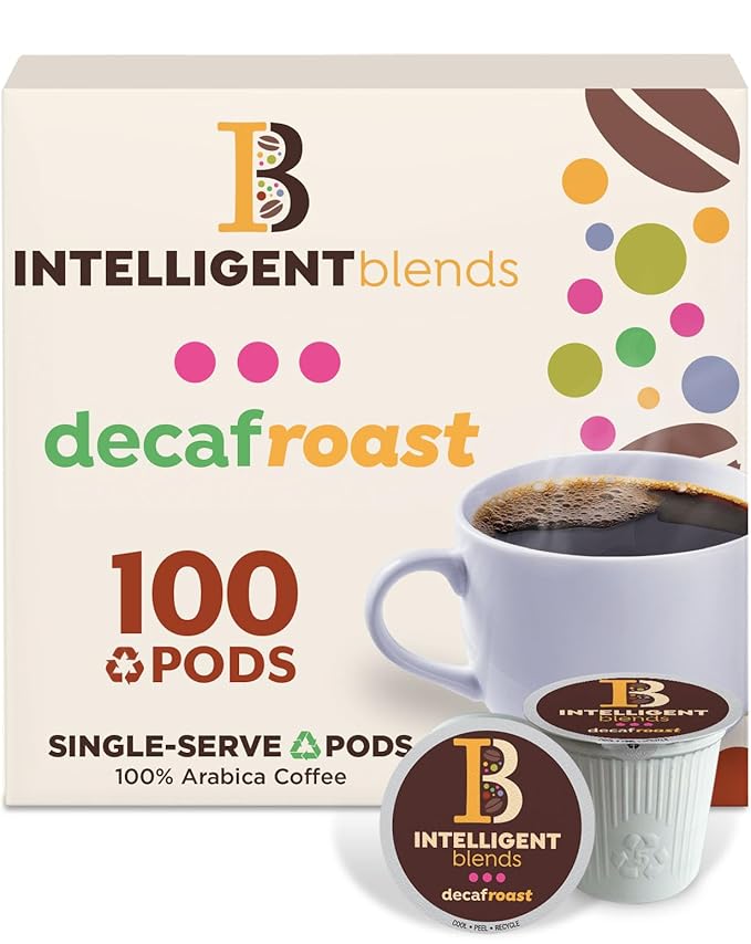Intelligent Blends Decaf Dark Roast Coffee Pods, 100 ct, Recyclable Single Serve Pods – 100% Arabica Coffee, Compatible with Keurig K Cups Maker