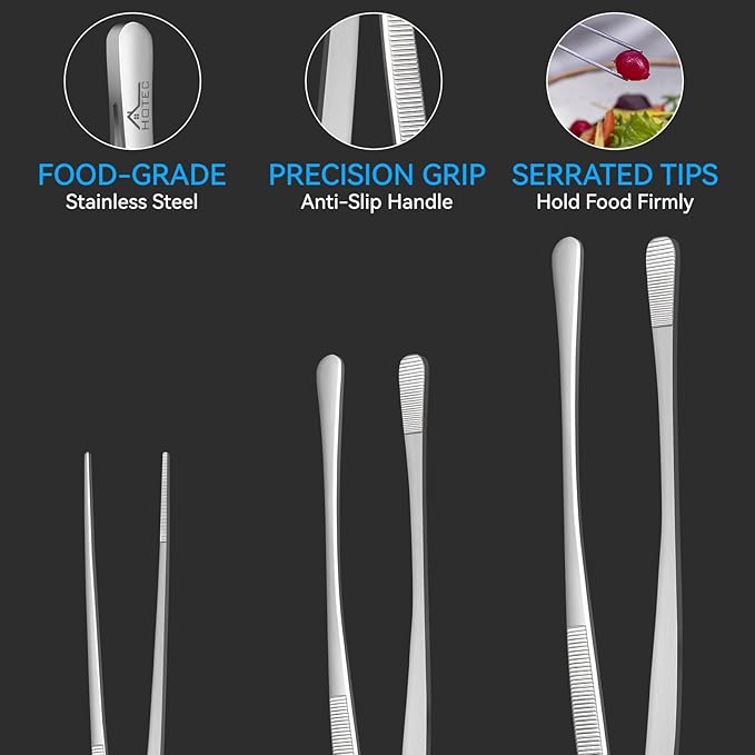 HOTEC Kitchen Tweezers Tongs Stainless Steel Professional Chef Tweezers, Set of 3-12", 10" and 6.3inch Food Tongs for Cooking, Repairing, Dessert, BBQ, Meat, Pasta