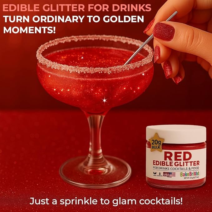Bulk 20g Red Edible Glitter for Drinks | Premium Edible Glitter for Cakes, Cocktails, Red Cake Decorating Decorations Food Grade, Vegan, Kosher, Halal, Gluten Free - Made in USA
