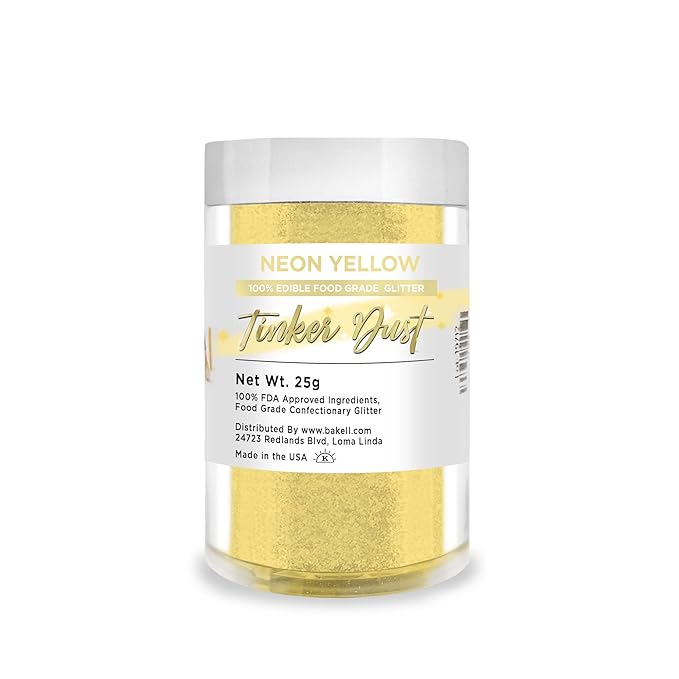 BAKELL Neon Yellow Edible Glitter, 25 Grams | TINKER DUST Edible Glitter | KOSHER Certified | 100% Edible Glitter | Cakes, Cupcakes, Cake Pops, Drinks, Dessert Vegan Glitter & Dusts (25g, Neon Yellow)