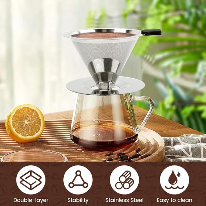 Pour Over Coffee Dripper with Cleaning Brush, Stainless Steel Cone Coffee Filter Fine Mesh Double Layer, Paperless Reusable Coffee Filter, Drip Cone Brew Coffee Strainer(SIZE:Medium)