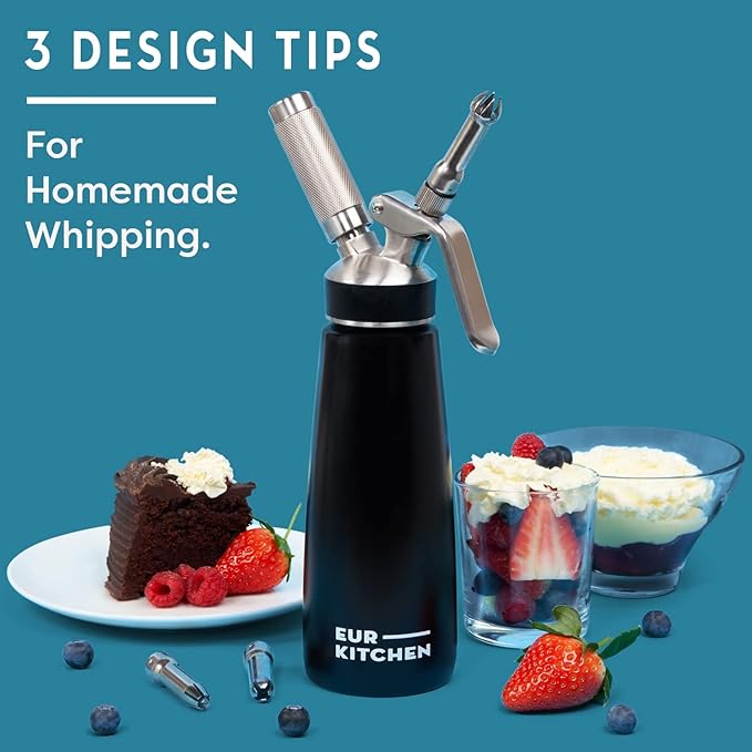 EurKitchen Stainless Steel Professional Whipped Cream Dispenser - Leak-Free Whip Cream Maker Canister - 3 Decorating Nozzles & Cleaning Brush - 1Pint /500 ML Cream Whipper - N2O Charger (Not Included)