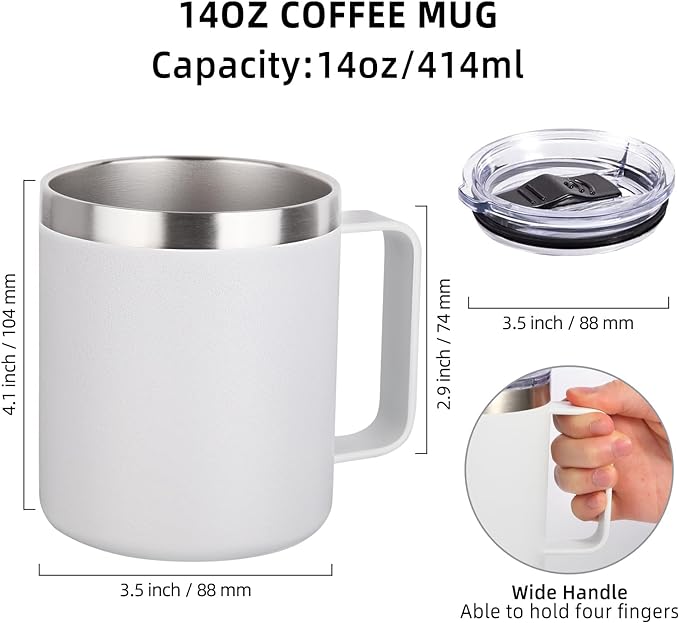 Volhoply 14oz Insulated Stainless Steel Coffee Mug with Lid Bulk 8 Pack,Not Suitable for Sublimation,Double Wall Vacuum Travel Coffee Cup with Handle, Reusable Metal Camping Mugs Keep Cold(White,8)
