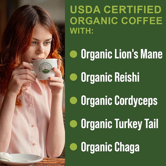 Organic Low Acid Mushroom Coffee with Lion's Mane, Reishi, Cordyceps, Turkey Tail, and Chaga Mushrooms. Premium High Altitude Medium Roast Ground Bags. Great Tasting (Unlike Cheap Instant Coffee)