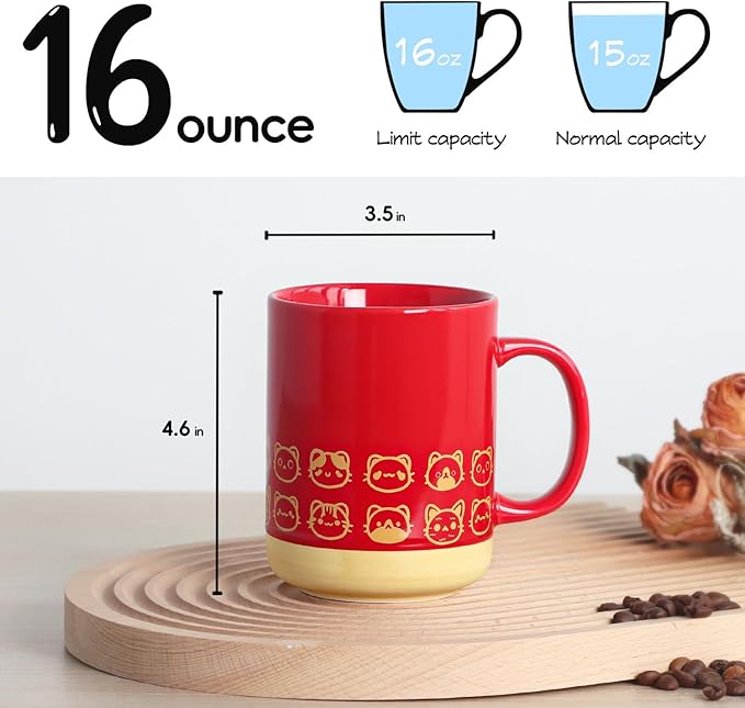 Cat coffee mug-16oz Ceramic Coffee Mugs for Women and Men-Cat gifts for cat lovers-Cute Coffee and Tea Mug-Red