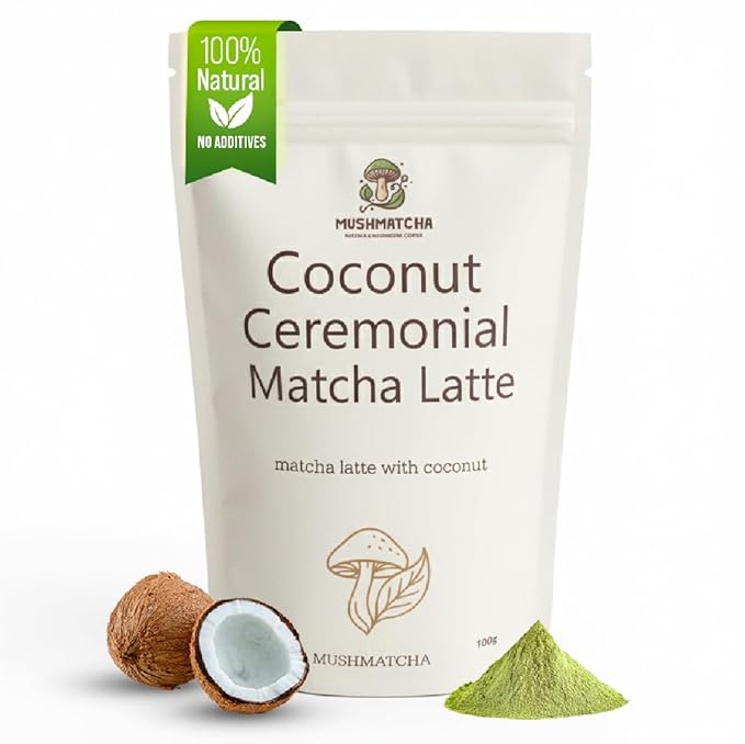 Mushmatcha Ceremonial Coconut Matcha Latte Powder - Organic Green Tea Matcha Powder with Smooth Coconut Cream - Vegan Superfood Drink for Focus & Energy – Dairy-Free, Gluten-Free, 100% Natural – 100g