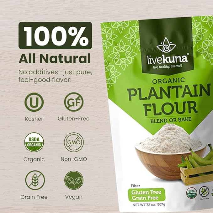 LiveKuna Organic Plantain Flour - Gluten Free All Purpose Flour Alternative For Baking & Cooking Recipes - Grain Free Vegan Plantain Flour, Rich In Fiber & Vitamins for Keto & Paleo Diets, 32oz Bag