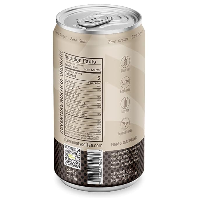 Door County Coffee Vanilla Bean Ready to Drink Canned Cold Brew - 8oz - 6 Pack - Cold Pressed Coffee, 5 Calories, Bold & Rich, Flavorful, 145mg Natural Caffeine
