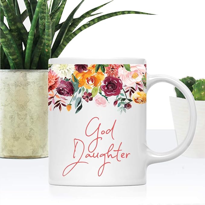Andaz Press 11oz. Mother's Day Ceramic Coffee Tea Mug Gift, Fall Autumn Burgundy Orange Peach Flowers Roses Florals, God Daughter, 1-Pack
