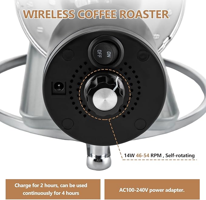 Coffee Roaster Machine for Home Use, Stainless Steel 14W Electric Coffee Roaster Machine with Tray, Speed Adjust, Auto-matic Nuts Coffee Bean Roaster Drum for Homes, Cafes, Hotels Silver