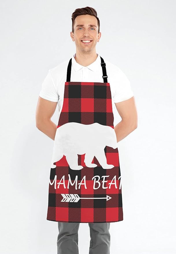Mama Bear Kitchen Cooking BBQ Chef Apron,Buffalo Plaid Apron for Men, Women - Dad Presents, Presents for Men - Birthday, Mothers Day Presents for Mom, Wife, Husband, Brother, Friends