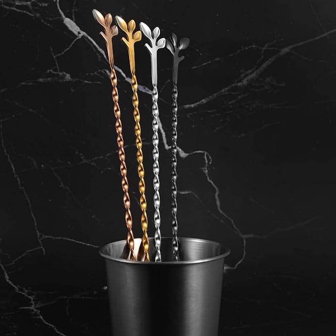 AnSaw Black 10-Inch Stainless Steel Cocktail Spoon with Leaf Handle - Perfect for Mixing & Layering Drinks in Tall Cups, Bar & Shakers - Durable Long Handle Bar Stirrer,2-Pieces