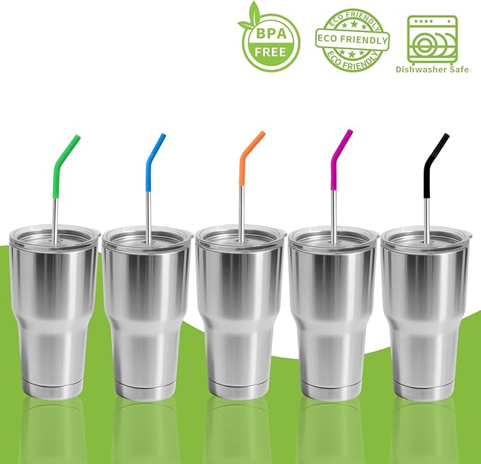 Lazycorner 10 Pcs Metal Straw Reusable 8.5" 6mm Stainless Steel Straws,20oz-32oz, Silver Drinking Straws with Silicone Tips, 4 Straw Cleaner Brush, 1 Travel Case