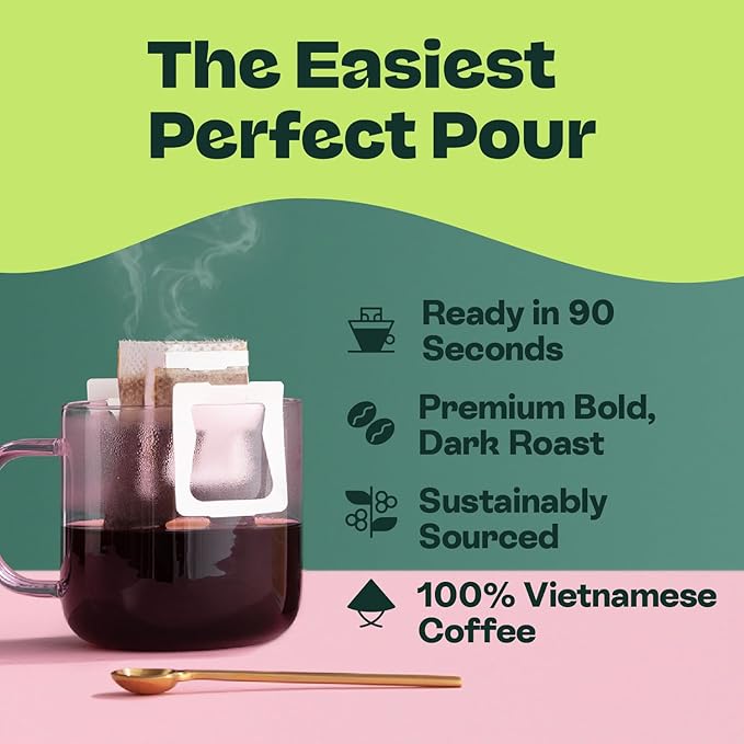 Copper Cow Premium Pour Over Single-Serve Vietnamese Coffee | Churro | Dark Roast | Flavored with Real Cinnamon | Includes 16 Coffees