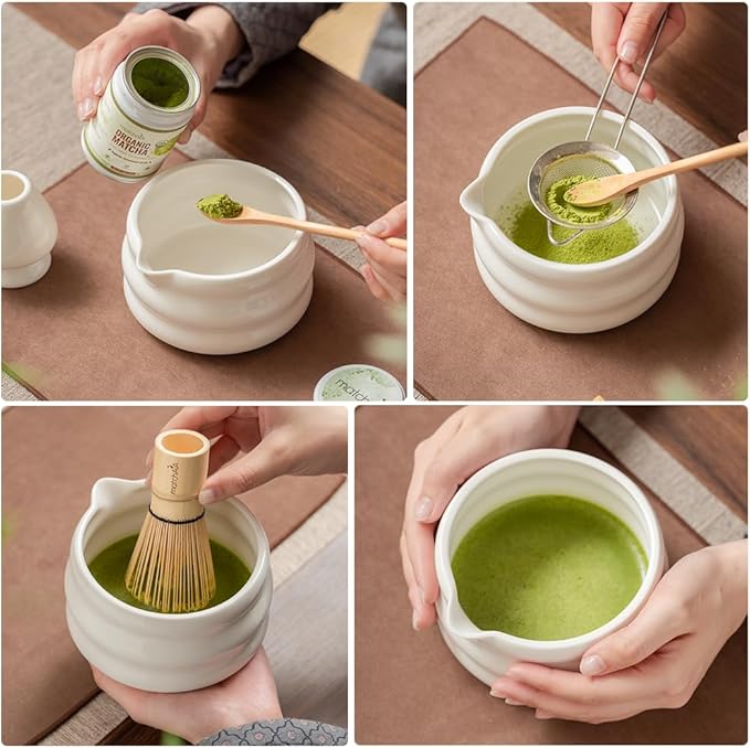 Matcha Whisk 8 Pcs Set - Ceramic Bowl, Bamboo Whisk with Holder, Canister, Sifter, Schima Spoon, Spoon Rest and Tea Towel, Complete Kit for Traditional Matcha and Modern Lattes (Glossy White)