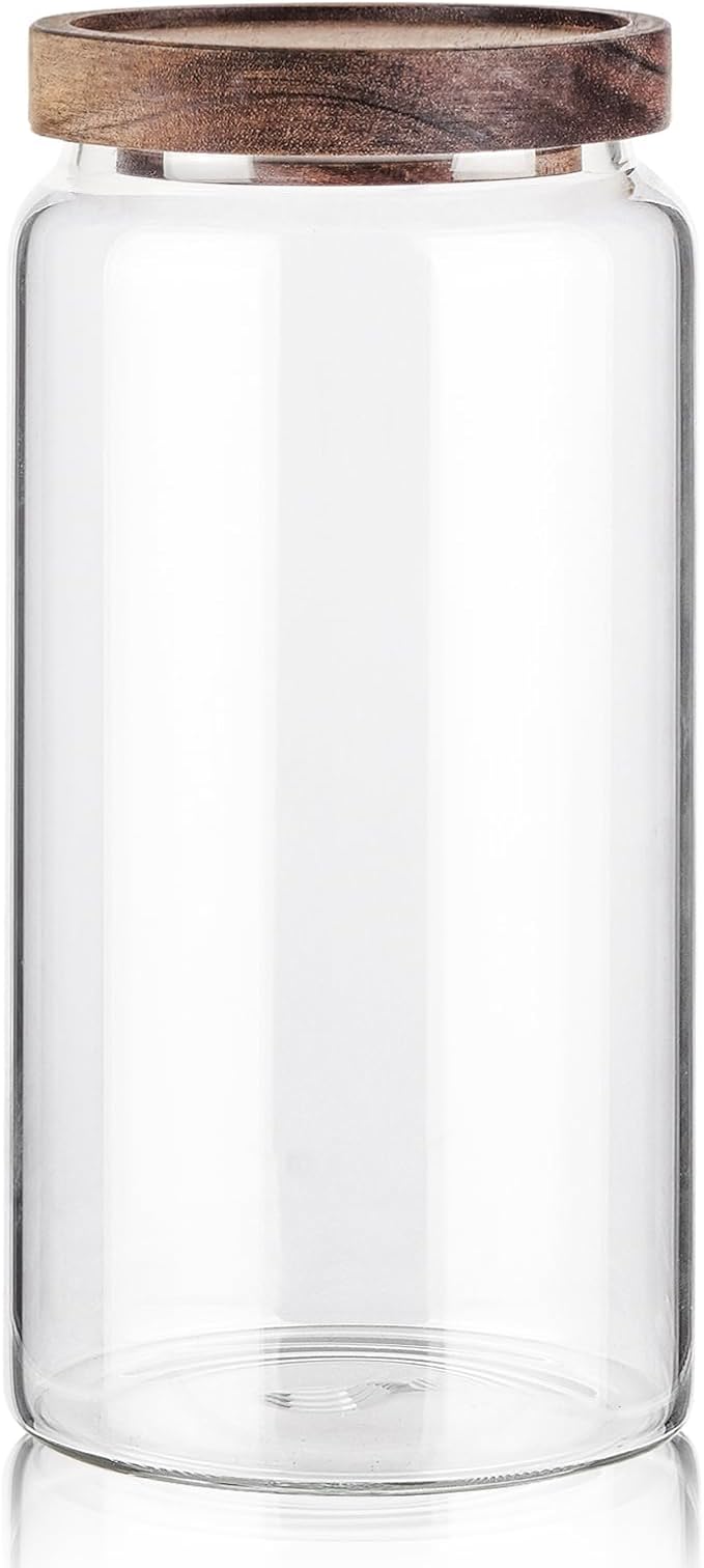 Labina Glass Storage Container Airtight Food Jars Kitchen Canister with Wood Lids, 40 Oz Wide Mouth Pantry Organization Glass Jar for Flour, Sugar, Cookie, Spagetti, Nuts and Candy