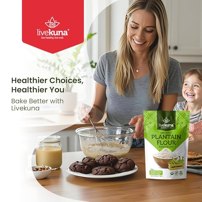 LiveKuna Organic Plantain Flour - Gluten Free All Purpose Flour Alternative For Baking & Cooking Recipes - Grain Free Vegan Plantain Flour, Rich In Fiber & Vitamins for Keto & Paleo Diets, 32oz Bag