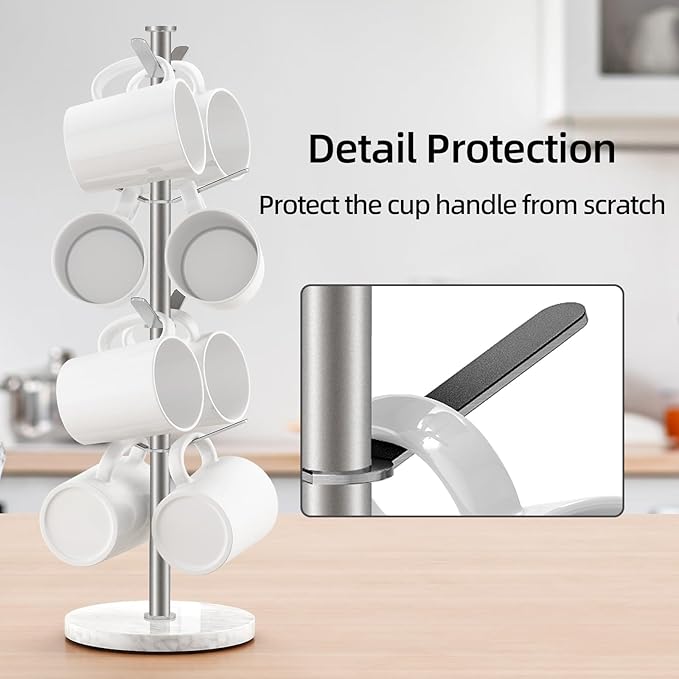 Marble Mug Holder Tree, 8 Hooks Brushed Nickel Coffee Cups Stand, New Upgraded Stable Mug Stand for Kitchen Counter Cabinet Cafe