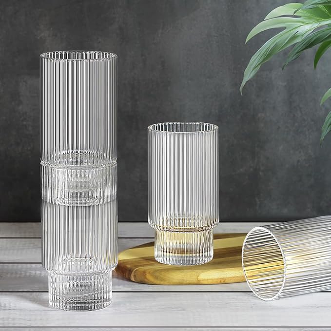 Ribbed Glassware Set of 4, 20oz Origami Style Drinking Glass Cup with Lid and Straw, Iced Coffee, Cocktail, Beer, Juice Stackable Drinking Glasses, Perfect for indoor and outdoor use