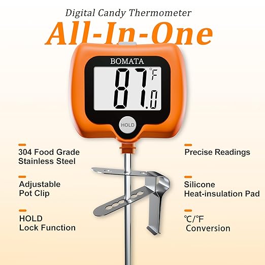 BOMATA Candy Thermometer with Pot Clip, Instant Read Cooking Thermometer with 8" Long Probe, Rotating Display, for Candy Making, Food, Candle Making, Liquids, Water, Baking, Sugar, Grilling. Orange