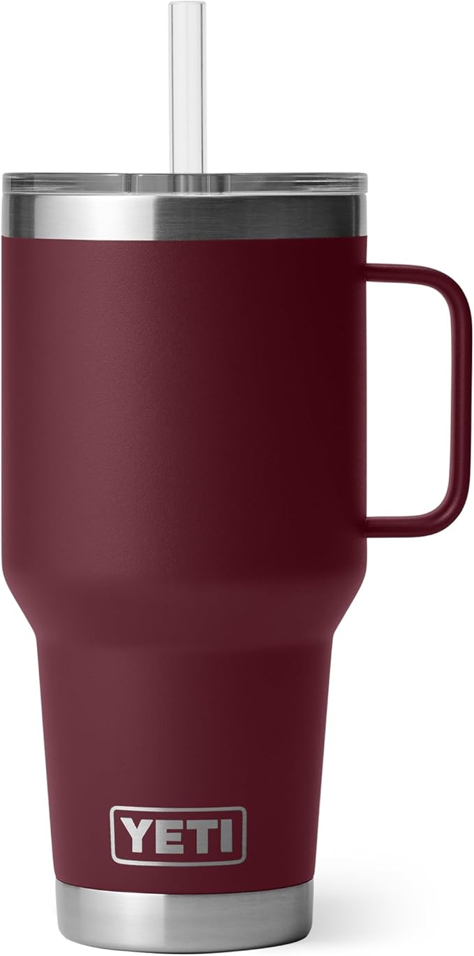 YETI Rambler 35 oz Tumbler with Handle and Straw Lid, Travel Mug Water Tumbler, Vacuum Insulated Cup with Handle, Stainless Steel, Wild Vine Red