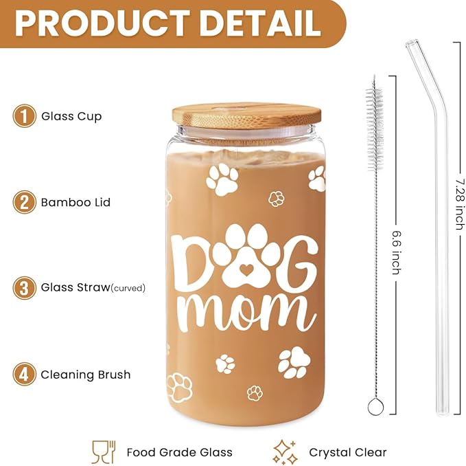 Dog Mom Cup 16 Oz Can Glass Coffee Mug with Bamboo Lid & Straw - Dog Lover Gifts for Women - Dog Mom Gift for Birthday Mothers Day