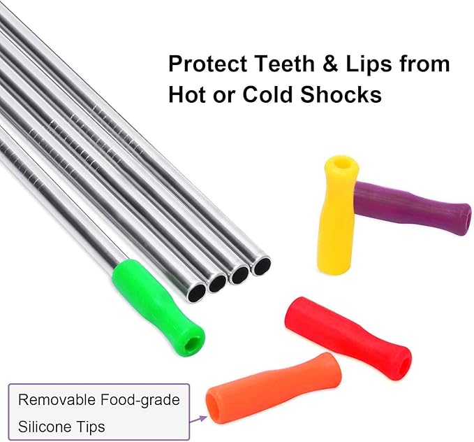Stainless Steel Metal Straws with Silicone Tips Set of 10 Straight Reusable Drinking Straws for 20oz 30oz Tumblers (10.5'' L 0.24''Dia Staw + 2 Brushes)