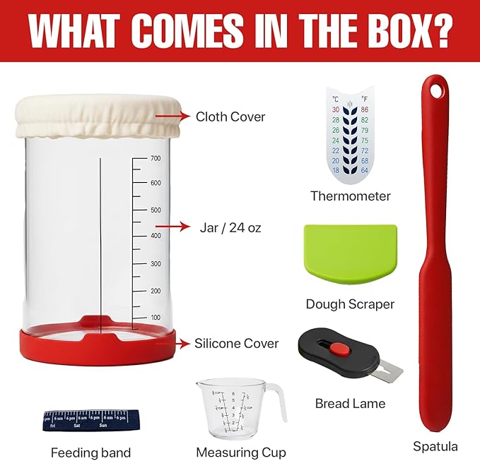 Sourdough Starter Kit, 24 Oz Sourdough Jar with Measuring Cup, Thermometer, Spatula, Dough Scraper, Bread Lame, Silicone Base & Cloth Cover, Feeding Band, Bread Baking Supplies for Bakers (24 Oz)
