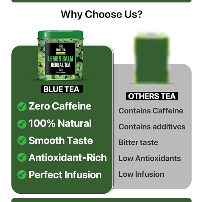 BLUE TEA - Lemon Balm Tea - 30 Count - Pyramid Plant Based Tea Bag | RELIEVES STRESS - IMPROVES DIGESTION | Reduces Bloating | Refreshing Citrus Flavour - Leaf Based - Caffeine Free | Tin Pack