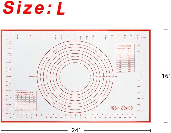 16" x 24" Large Silicone Pastry Mat for Rolling Dough Non Slip,Silicone Baking Mat Non Stick,Cilicone Fondant Mat Pie Cookie Dough Rolling Mat Kneading Cutting Mat with Measurement (Red-L)