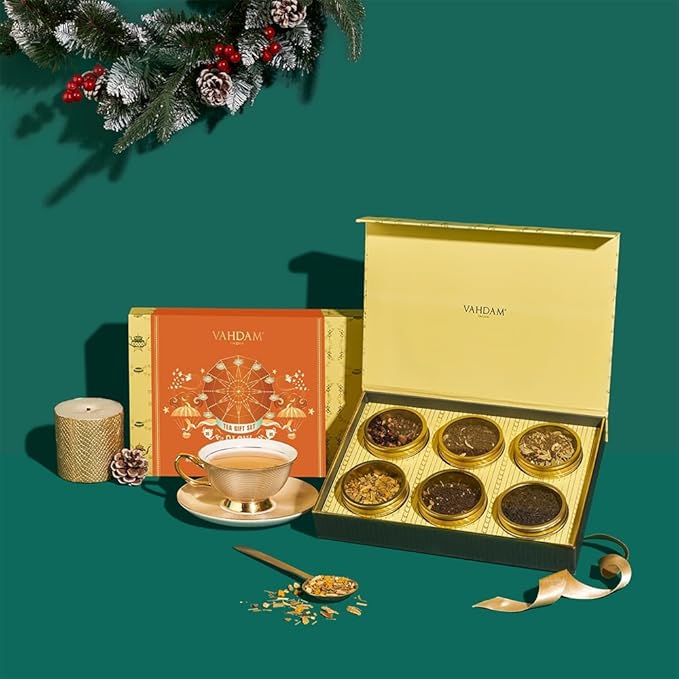 VAHDAM, GLOW - Assorted Christmas Tea Gift Sets (6 Loose Leaf Tea) Tin Caddy Presentation Box | Gluten Free, Non GMO | Holiday Gifts for Everyone