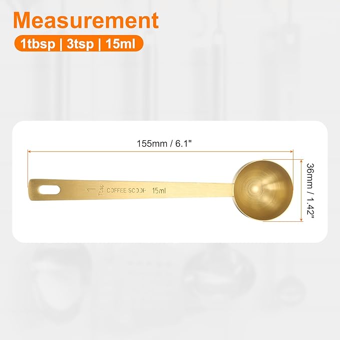 HARFINGTON Coffee Scoop Spoon 1tbsp (3tsp, 15ml) 304 Stainless Steel Long Handle Teaspoon/Tablespoon Measuring Spoons Scoops for Tea Sugar Kitchen, Gold