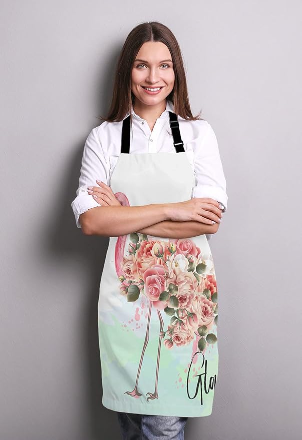 Pink Flamingo and Roses Bib Apron with Adjustable Neck for Men Women,Suitable for Home Kitchen Cooking Waitress Chef Grill Bistro Baking Apron