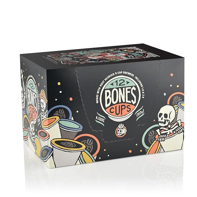 Bones Coffee Company Jingle Bones, Caramel Vanilla Coconut Flavored Coffee Pods, Low Acid Medium Roast Single-Serve Bones Cups, Compatible with 1.0 & 2.0 K-Cups Brewers Coffee Maker, 12 Count