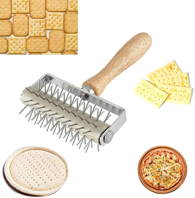 Time-Saver Pizza Dough Roller Docker with Wood Handle, for Pizza Cookie Cake Pie Pastry Bread Dough (Stainless Steel)
