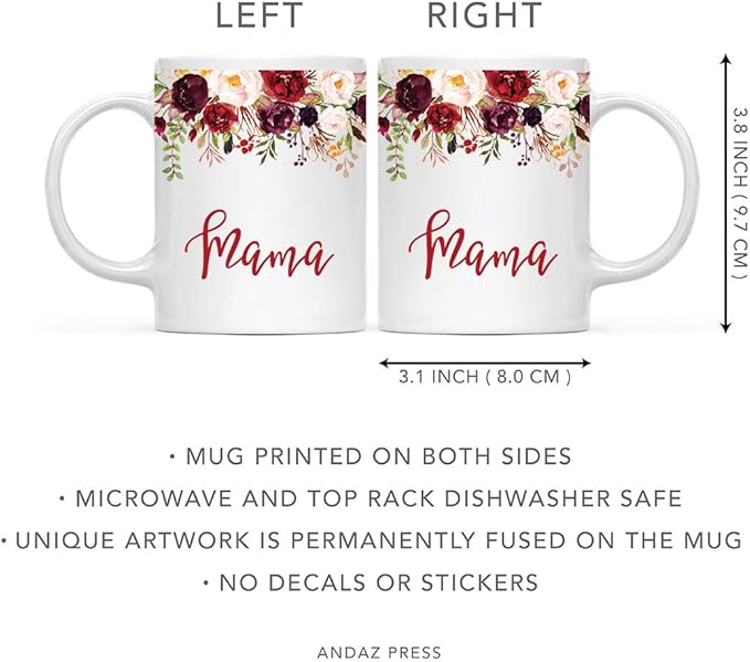 Andaz Press 11oz. Mother's Day Ceramic Coffee Tea Mug Gift, Fall Autumn Marsala Burgundy Flowers Roses Florals, Mama, 1-Pack