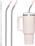 Repeatable Metal Straw with Silicone Tips for 40 oz Stanley Tumbler, 2 Pcs 40 oz Stainless Steel Straws Replacement for Stanley Tumbler, 1 Straw Brush, BPA Free（Light Pink）