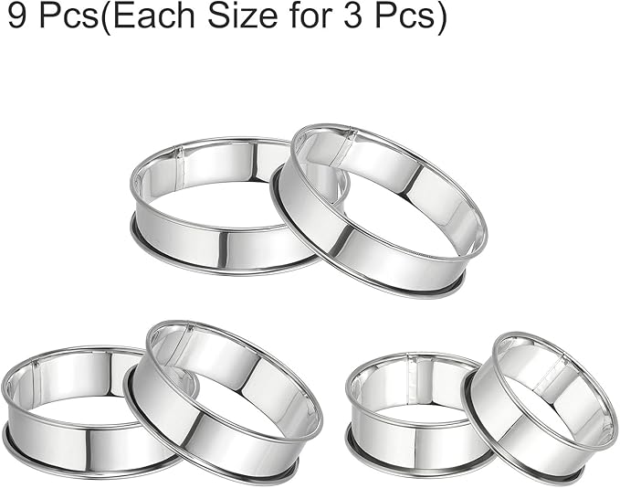 HARFINGTON 9pcs Crumpet Rings 2.36" 3.15" 3.94" Nonstick Round Cake Ring Stainless Steel Double Rolled English Pastry Rings for Kitchen Baking Crumpet Dessert, Silver