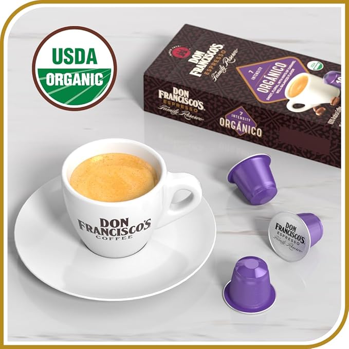 Don Francisco's Organico Espresso Pods: 40 Dark Roast Aluminum Capsules, Intensity 7, Compatible with Nespresso Original Line Machines - Bold Cuban-Style coffee with Caramel Notes