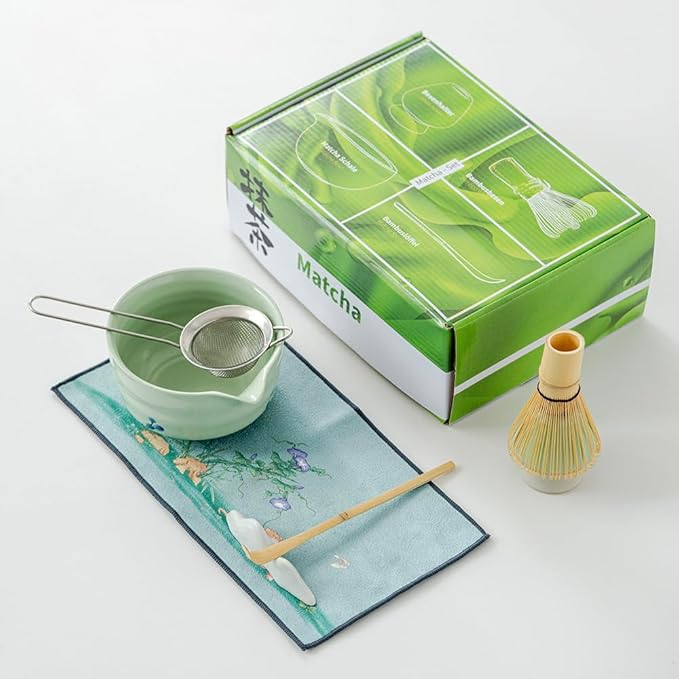 matcha whisk set, including matcha bowl, matcha whisk and stand, sieve, spoon, cloth mat, gift for matcha set(Light green)